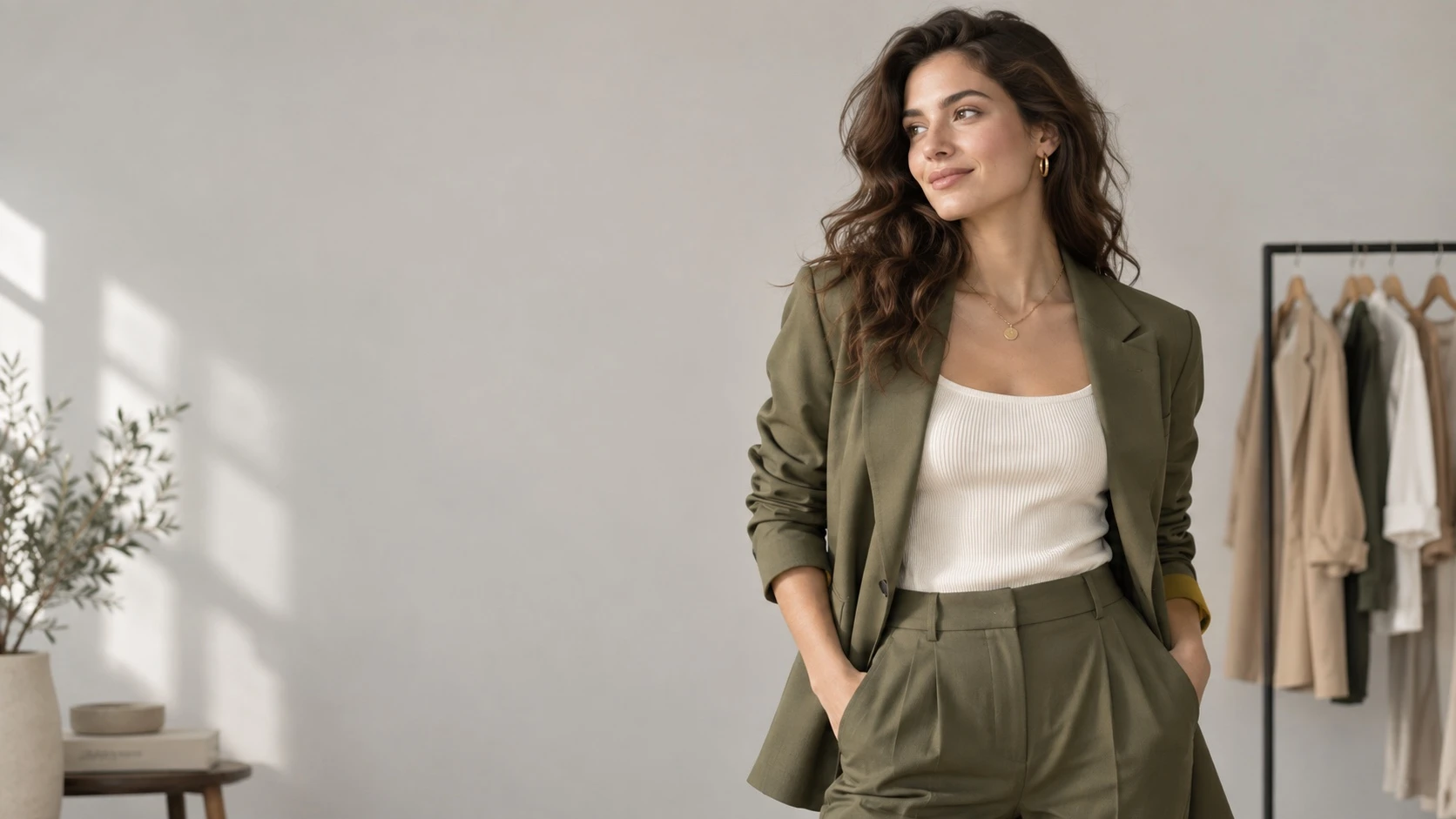 Woman in an olive outfit in a bright fashion studio