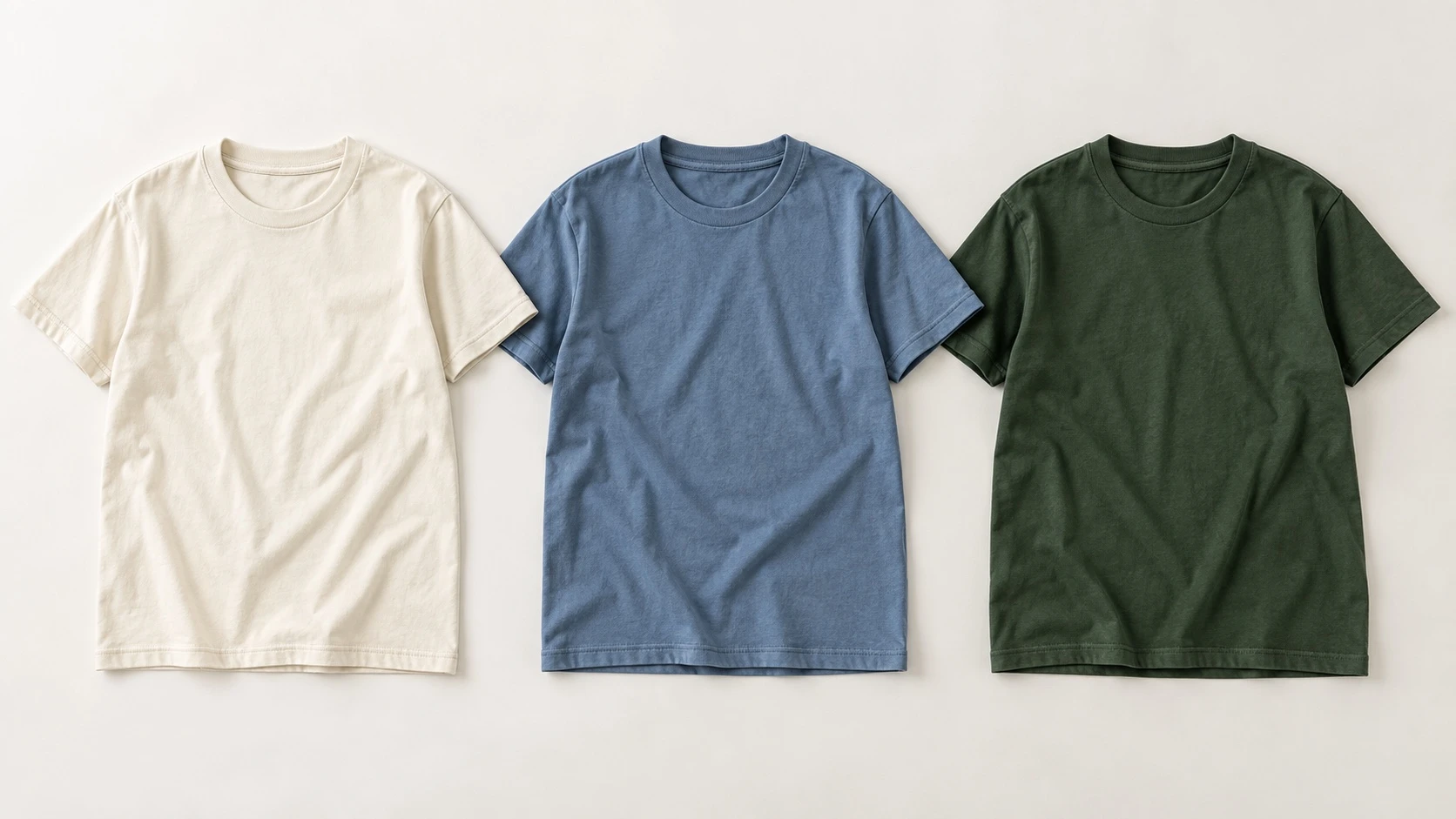 Three identical cotton T-shirts shown in cream, blue, and forest green