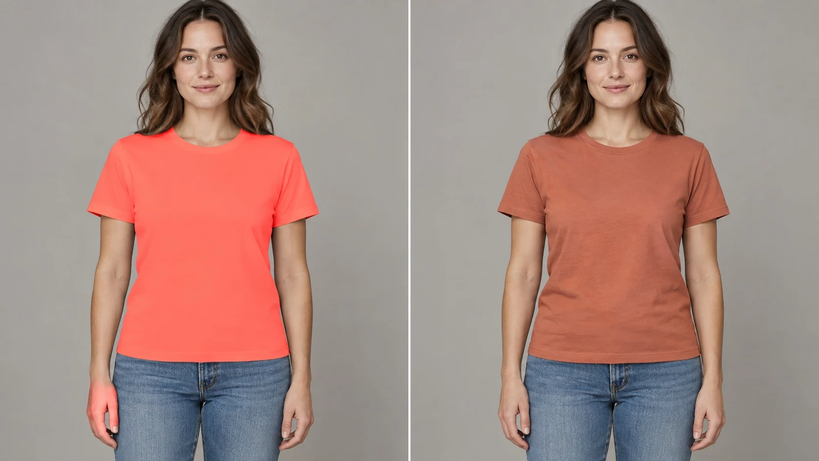 Side-by-side shirt color edit: a flat bright coral shirt on the left and a natural terracotta shirt with visible folds on the right