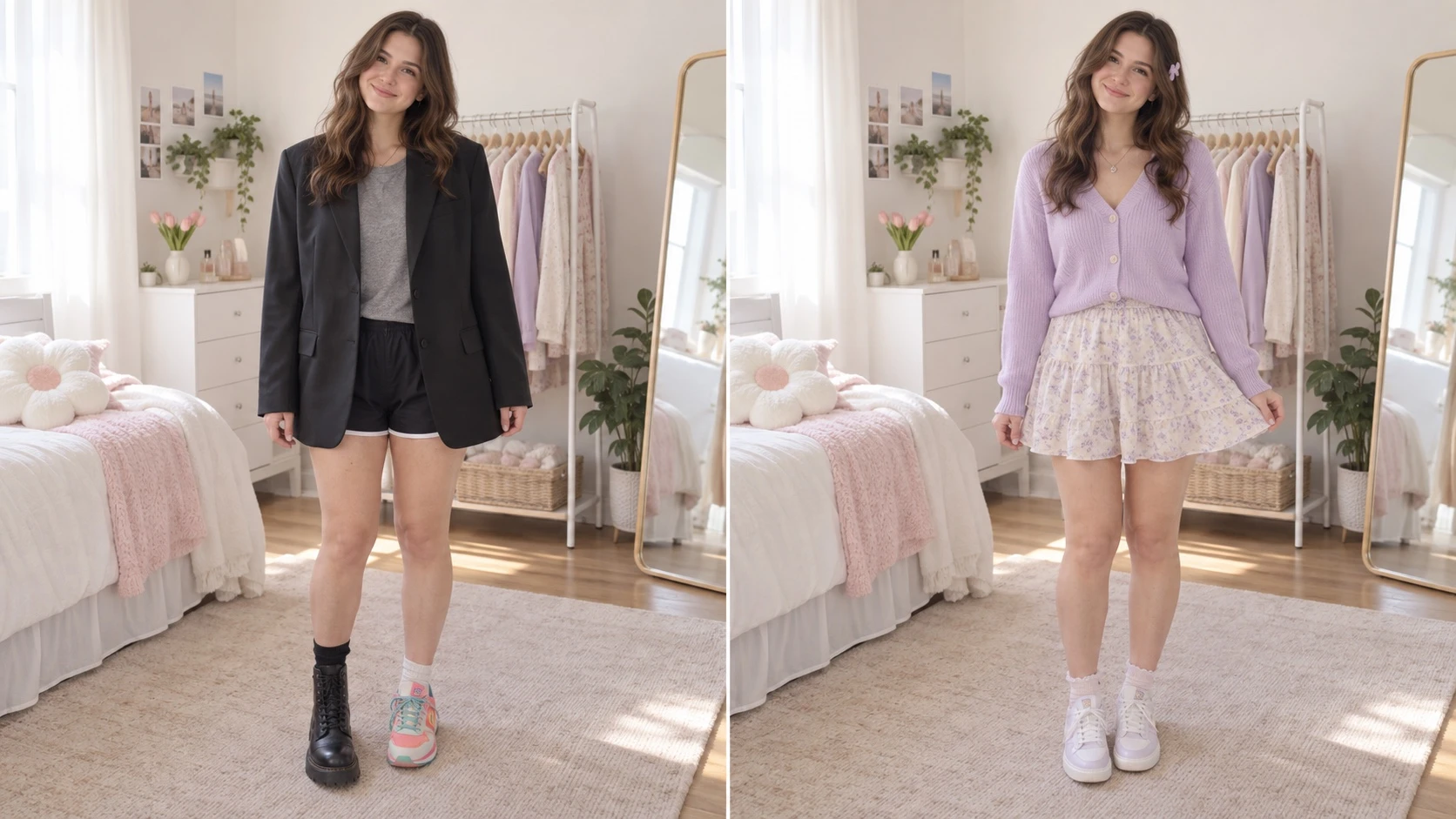 Cute outfit comparison: a mismatched dark blazer and athletic shorts on the left, a lavender cardigan and pastel skirt on the right