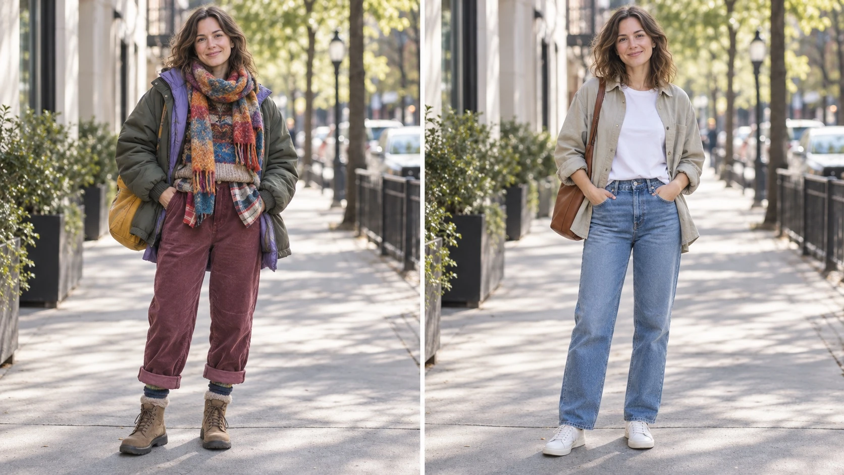 Everyday outfit comparison: bulky mismatched layers on the left, a white T-shirt, light overshirt, jeans, and sneakers on the right