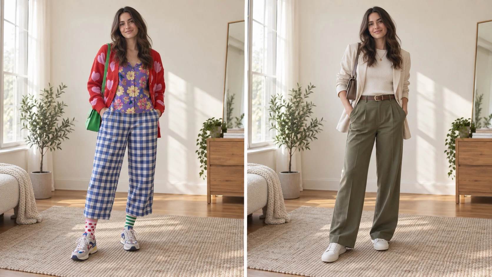 Instagram-inspired outfit comparison: clashing patterns and colors on the left, coordinated cream, olive, and neutral pieces on the right